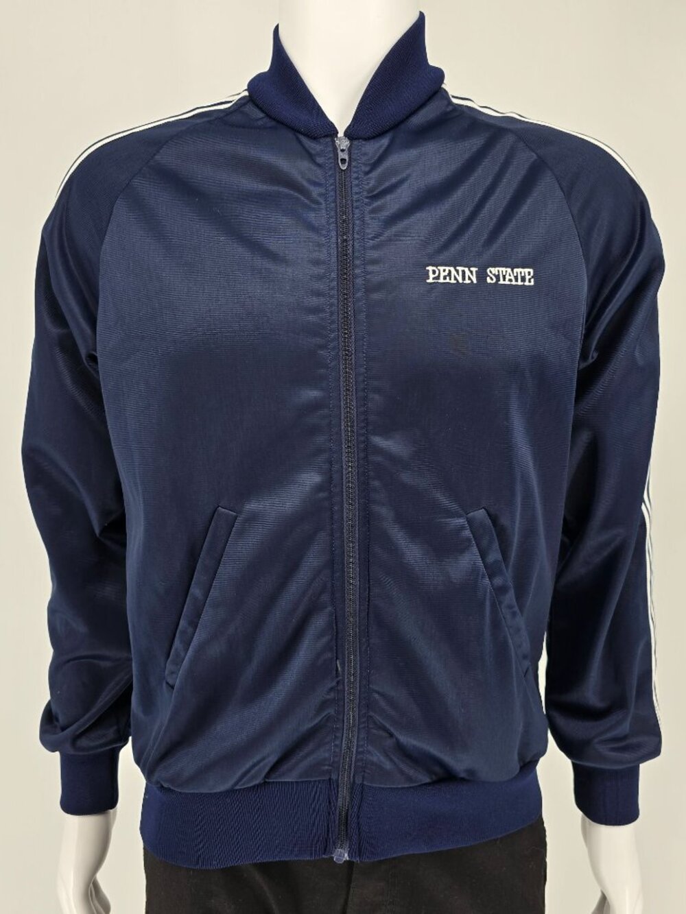 Vintage 1980s Broderick Penn State Talon Zipper Navy Track Jacket (Medium)